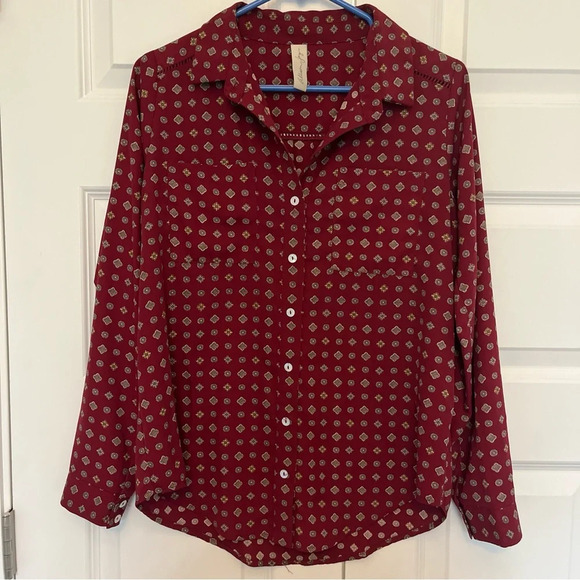 Allison Joy Evereve Button Blouse Maroon Print Long Sleeve Collared Size Small - Picture 1 of 8